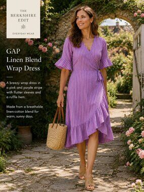 Gap Linen Cotton Stripe Wrap Dress XL Pink Purple Ruffle Flutter Sleeve
